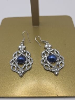 Silver-Tone Filigree Drop Earrings with Deep Blue Pearl